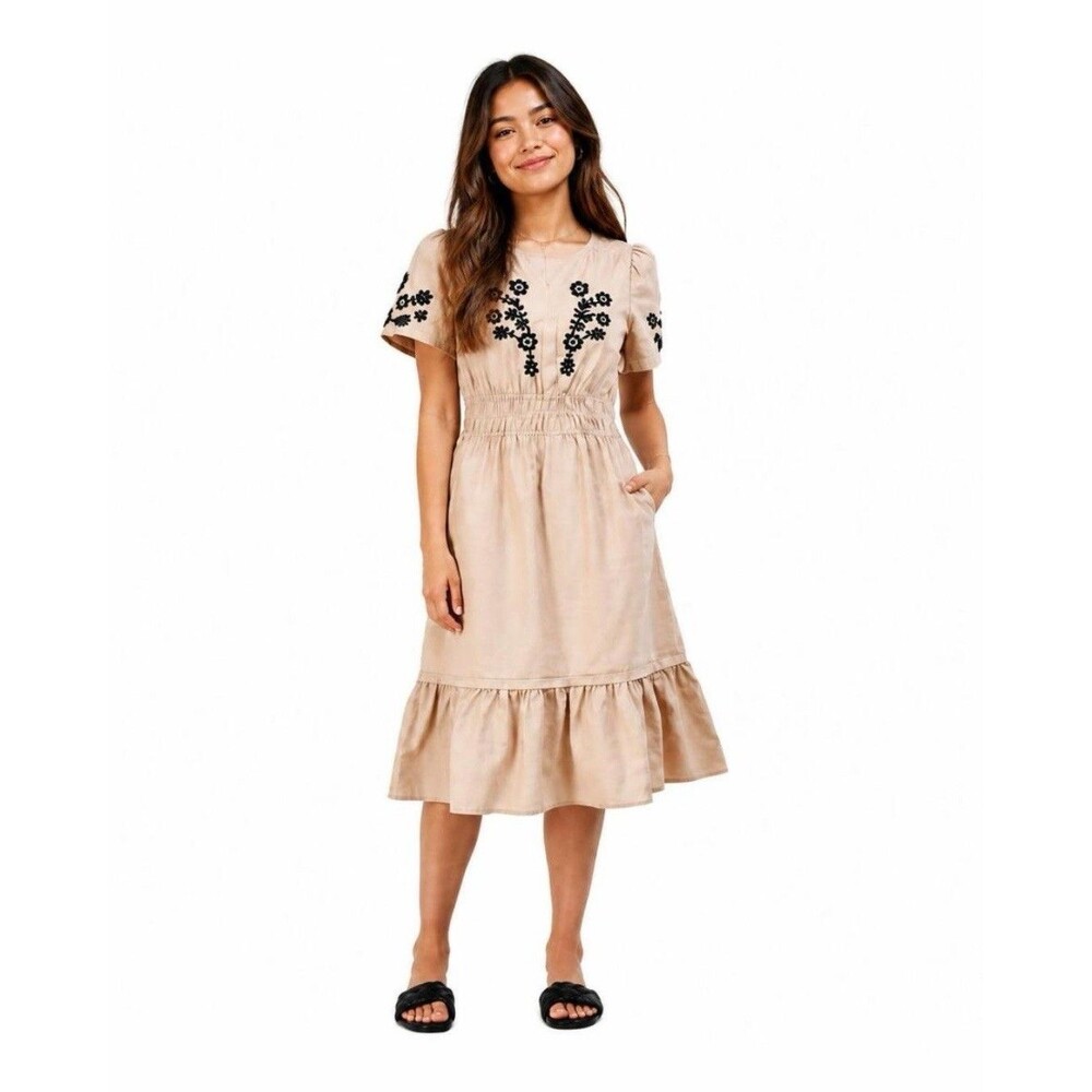 NWOT French Connection Floral Embroidered Midi Dress Beige - Size Small